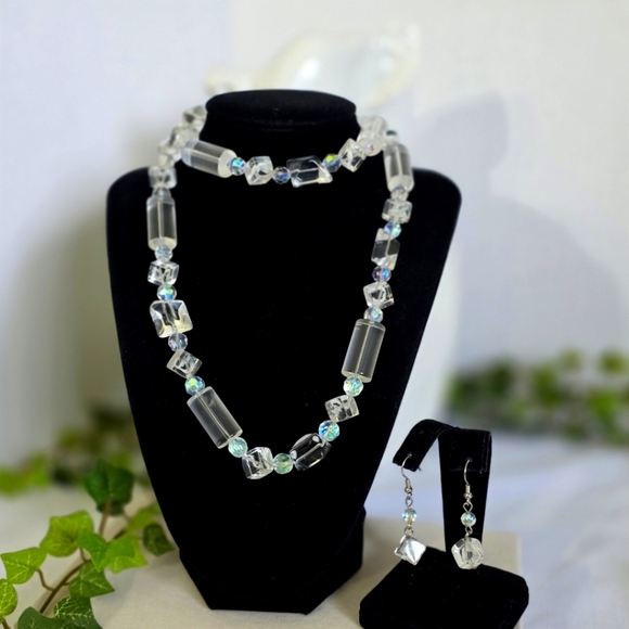 Vintage Artisan Crystal Glass Bead Necklace and Earrings Set - Picture 1 of 11